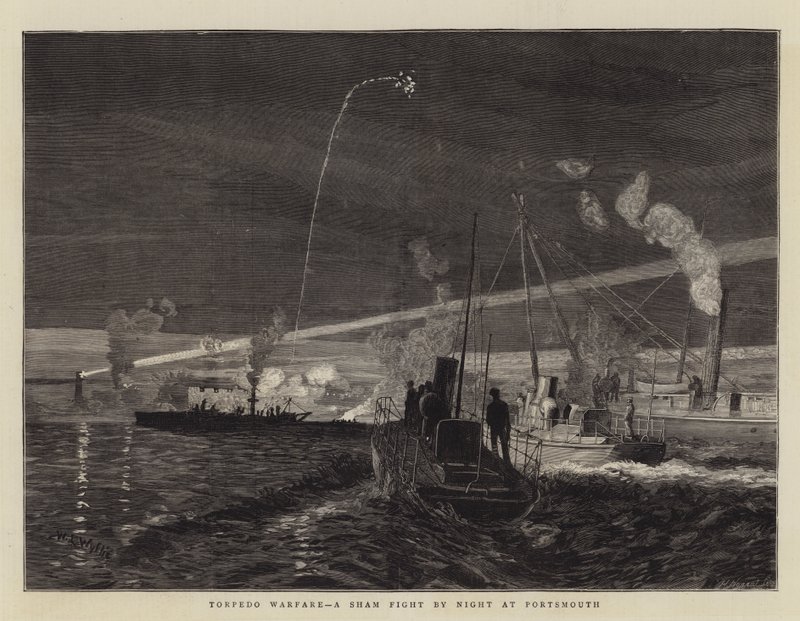 Torpedokrigföring, en skenstrid om natten i Portsmouth av William Lionel Wyllie
