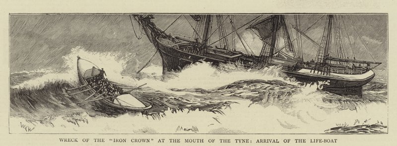 Vraket av järnkronan vid mynningen av Tyne, livbåtens ankomst av William Lionel Wyllie