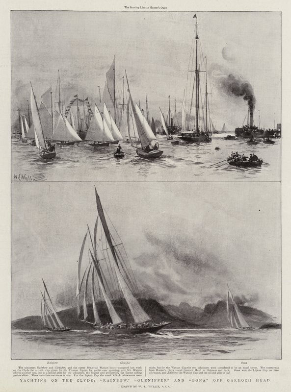 Yachting på Clyde, Rainbow, Gleniffer och Bona utanför Garroch Head av William Lionel Wyllie