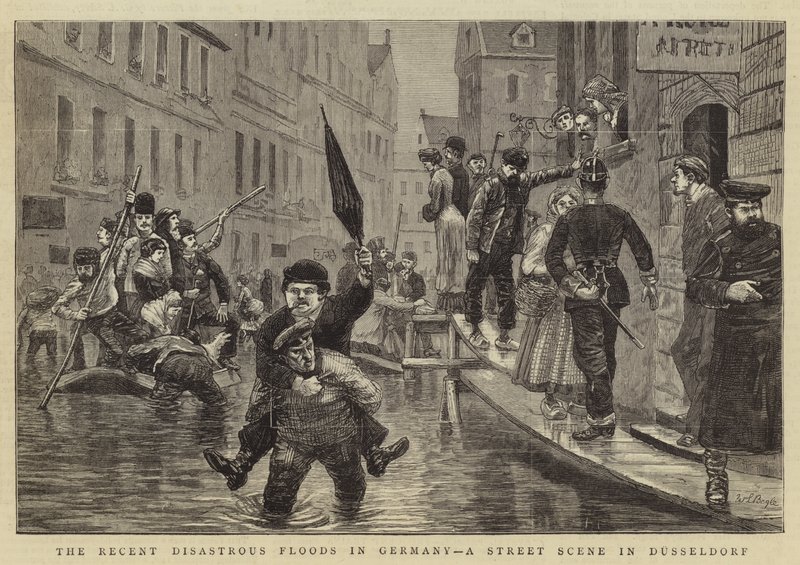 De senaste katastrofala översvämningarna i Tyskland, en gatubild i Düsseldorf av William Lockhart Bogle