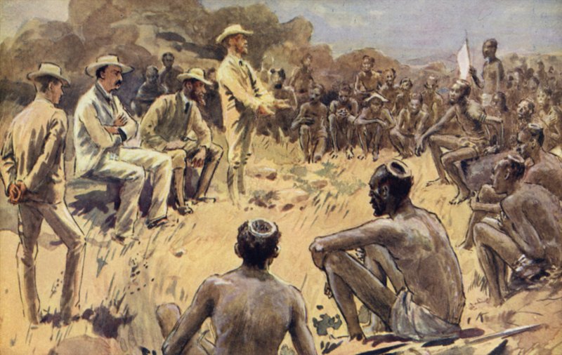 Cecil Rhodes i fullmäktige med Matabele-hövdingarna av William Rainey