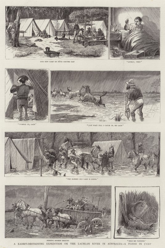 En kaninförstörande expedition på Lachlanfloden i Australien, en översvämning i lägret av William Ralston