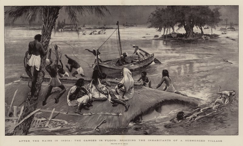 Efter regnet i Indien, Ganges i översvämning, räddning av invånarna i en översvämmad by av William Small