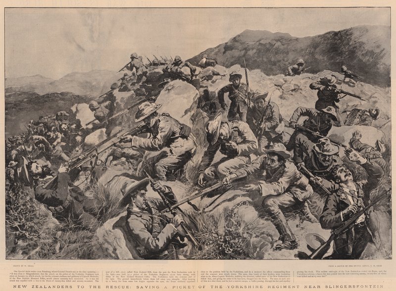 Nya zeeländare till räddning, räddar en piket från Yorkshire Regiment nära Slingersfontein av William Small