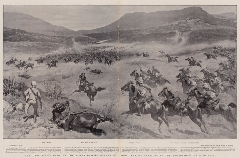 The Last Stand gjord av boerna före Kimberley, vårt kavalleri anfaller i engagemanget vid Klip Drift av William Small