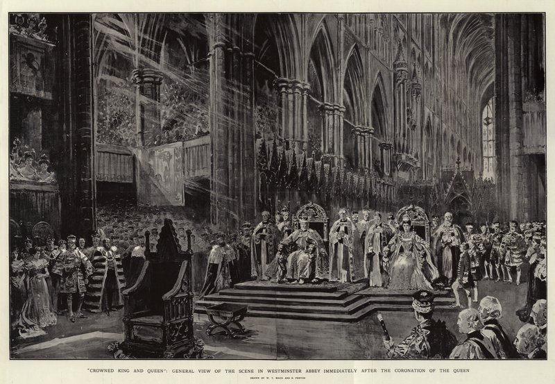 Krönt kung och drottning, allmän utsikt över scenen i Westminster Abbey omedelbart efter drottningens kröning av William T. Maud