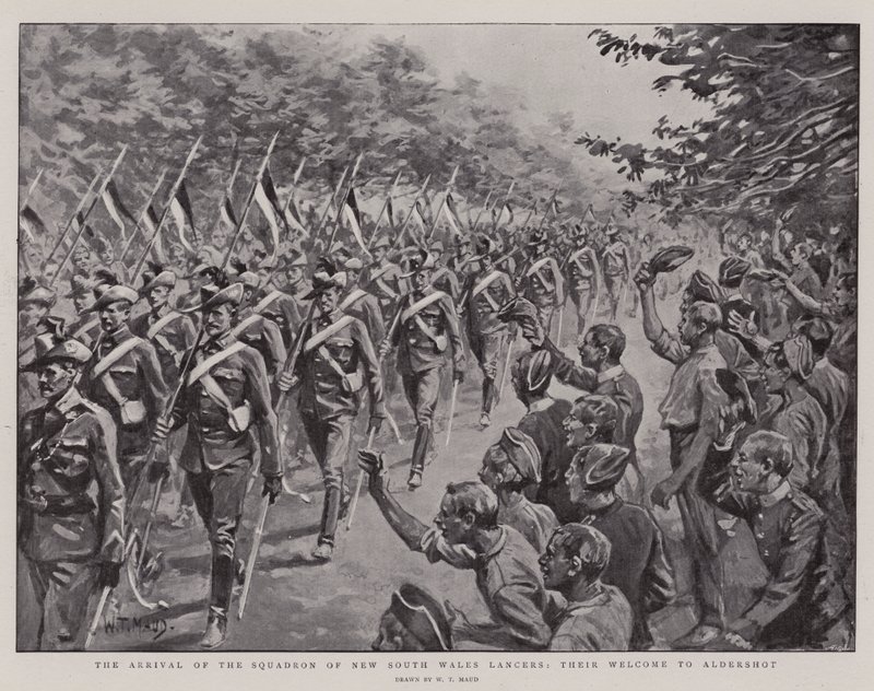 Ankomsten av skvadronen av New South Wales Lancers, deras välkommen till Aldershot av William T. Maud