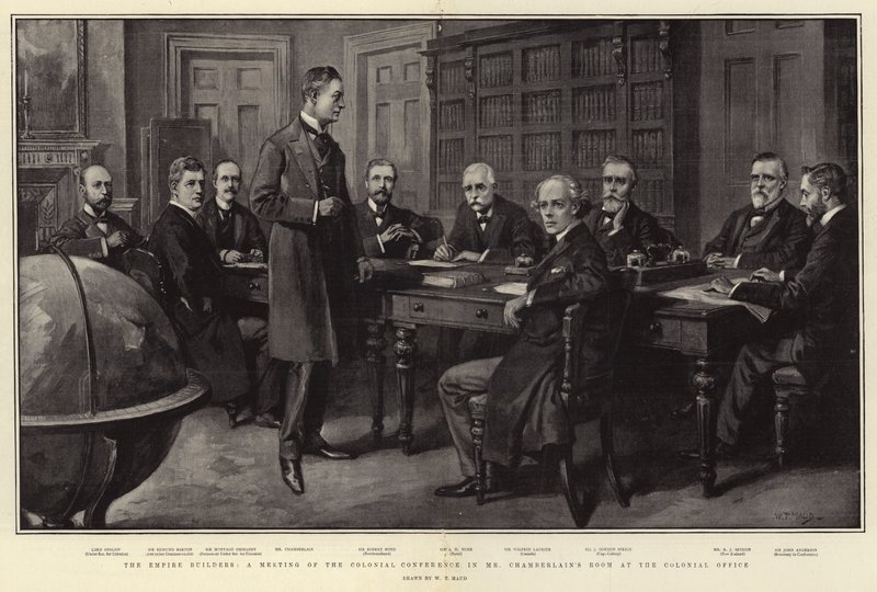 Empire Builders, ett möte med den koloniala konferensen i Chamberlains rum på Colonial Office av William T. Maud