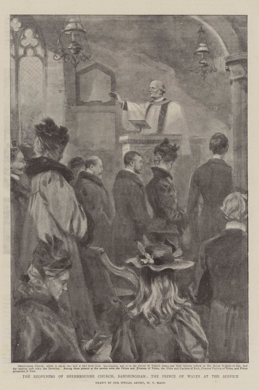 Återöppning av Shernbourne Church, Sandringham, med prinsen av Wales vid gudstjänsten av William T. Maud
