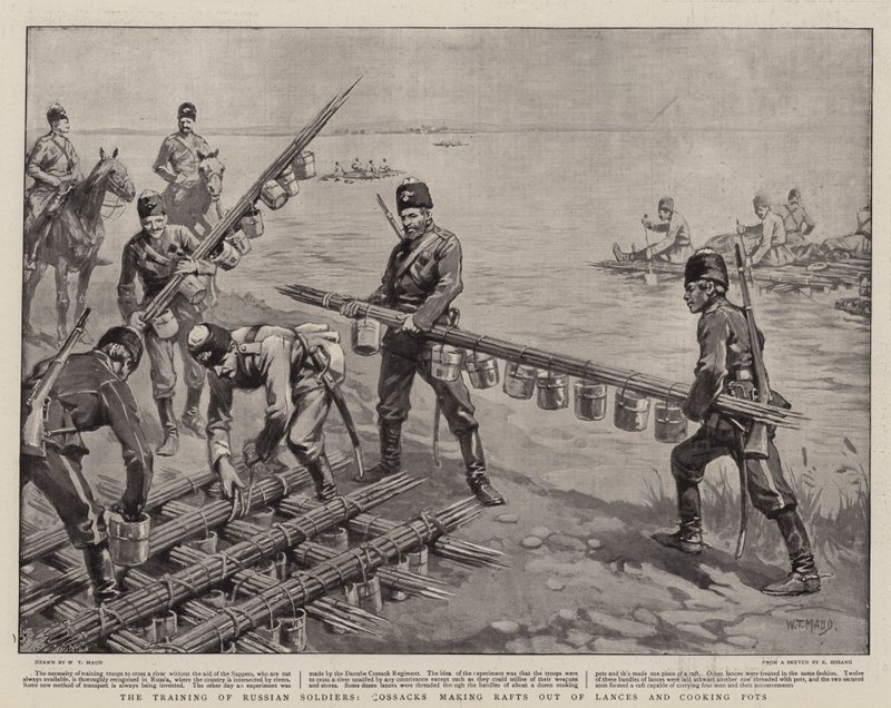 Utbildning av ryska soldater, kosacker som tillverkar flottar av lansar och kokkärl av William T. Maud