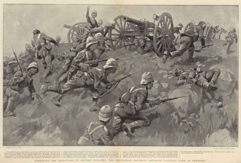 För att upprätthålla det brittiska infanteriets traditioner återtar Derbyshire Regiment Captured Guns vid Hekpoort av William T. Maud