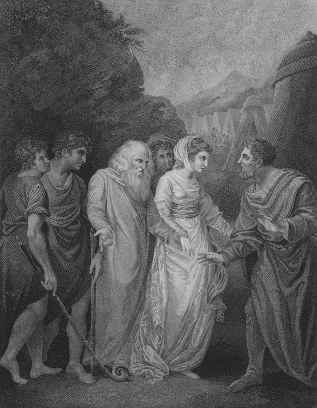 Moses möter sin hustru och sina söner, 2 Mosebok 18, vers 5-8 (gravyr) av William (after) Artaud