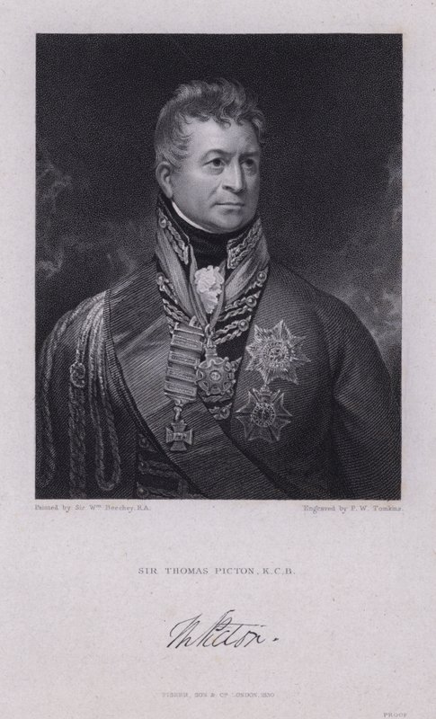 Sir Thomas Picton, walesisk general från Napoleonkrigen dödad i slaget vid Waterloo (gravyr) av William (after) Beechey