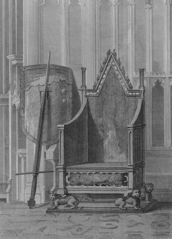 De engelska suveränernas kröningsstol, med Edward den tredjes sköld och statssvärd, Westminster Abbey (gravyr) av William (after) Capon
