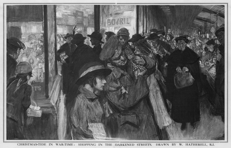 Jultid i krigstid: Shopping på de mörka gatorna (litho) av William (after) Hatherell