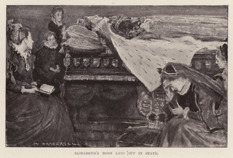 Elizabeths I kropp upplagd i liggande, publ. 1898 (litografi) av William (after) Hatherell