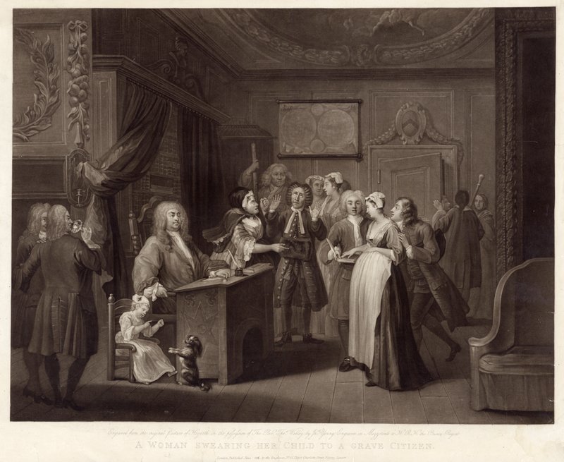 En kvinna som svär sitt barn till en gravmedborgare (mezzotint) av William (after) Hogarth
