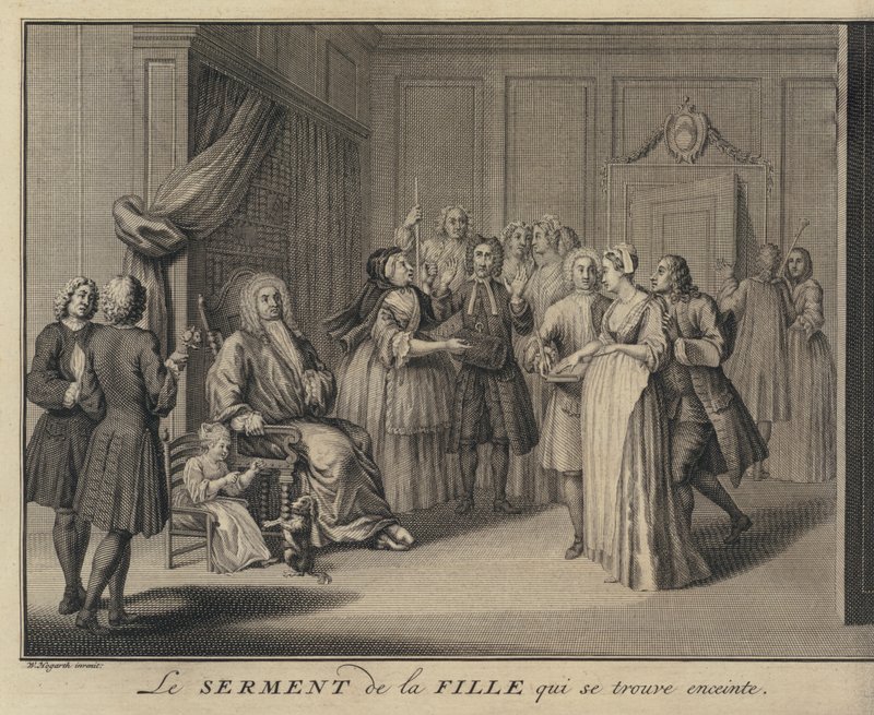 En kvinna som svär ett barn till en gravmedborgare (gravyr) av William (after) Hogarth