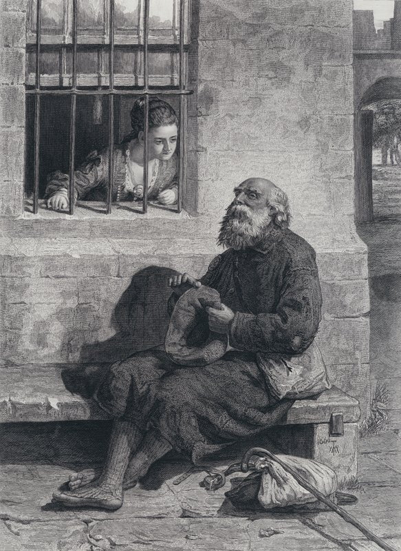 Intervjun mellan Miss Wardour och Edie Ochiltree vid det gallrade fönstret i den flaggade salongen (gravyr) av William (after) McTaggart