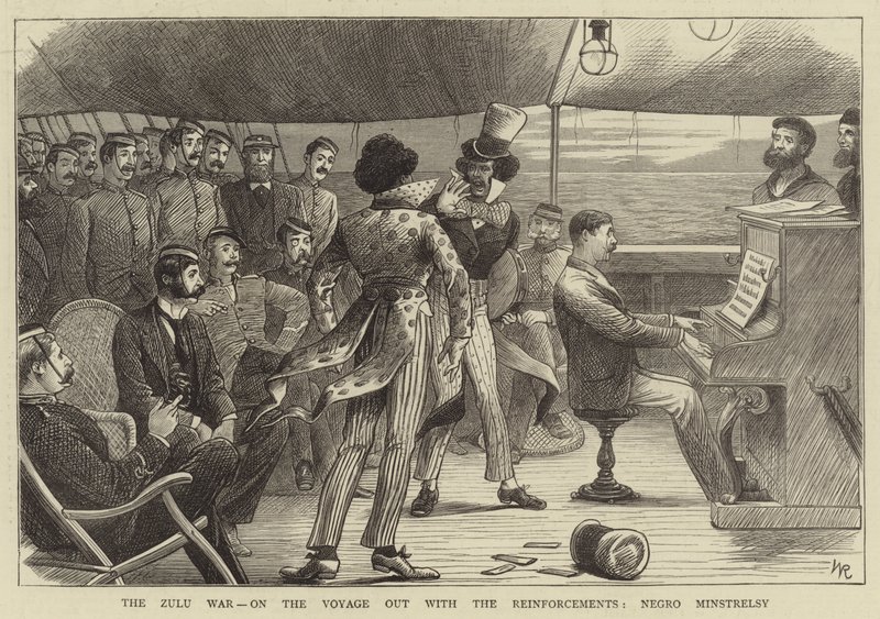 Zulukriget, på resan ut med förstärkningarna, svart Minstrelsy (gravyr) av William (after) Ralston