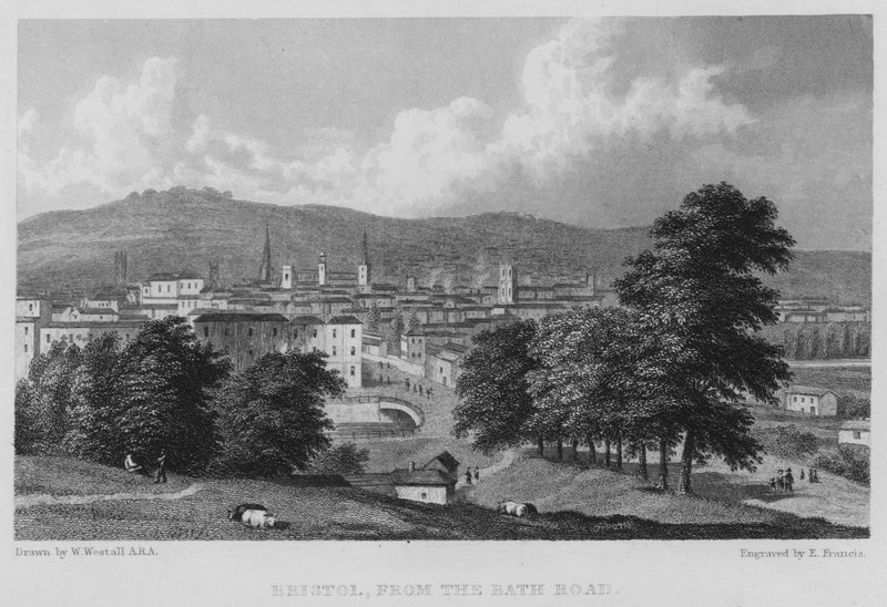 Bristol, från Bath Road (gravyr) av William (after) Westall