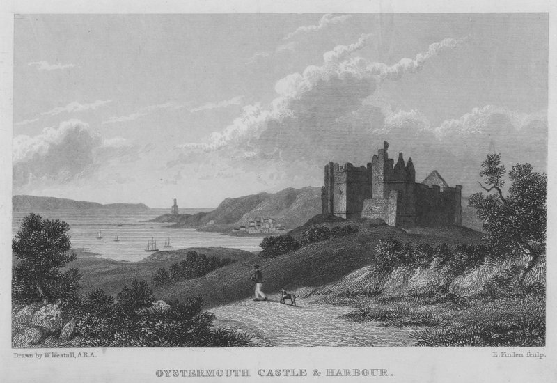 Oystermouth Castle and Harbour (gravyr) av William (after) Westall