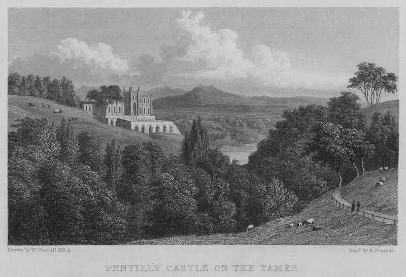 Pentillie Castle on the Tamer (gravyr) av William (after) Westall