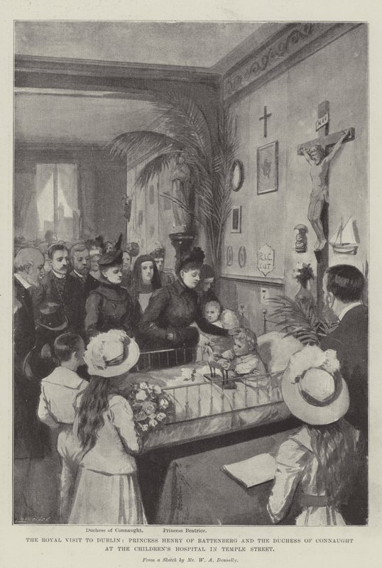 Det kungliga besöket i Dublin, prinsessan Henry av Battenberg och hertiginnan av Connaught på barnsjukhuset på Temple Street litho av William A. Donnelly