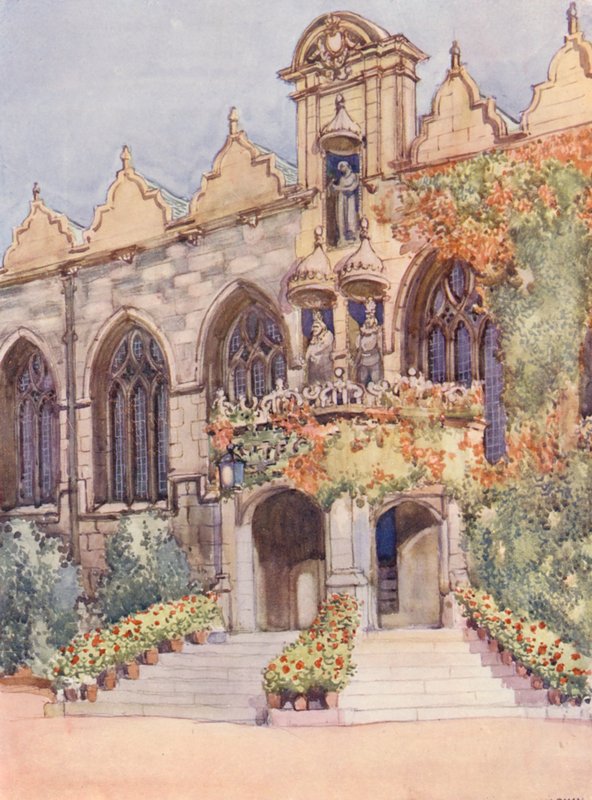 Entré till Oriel College Hall, med statyer av jungfrun och barnet, Edward II, den nominella grundaren av colleget, och Charles I, under vars regeringstid hallen byggdes (färglitografi) av William Ainsworth Wildman