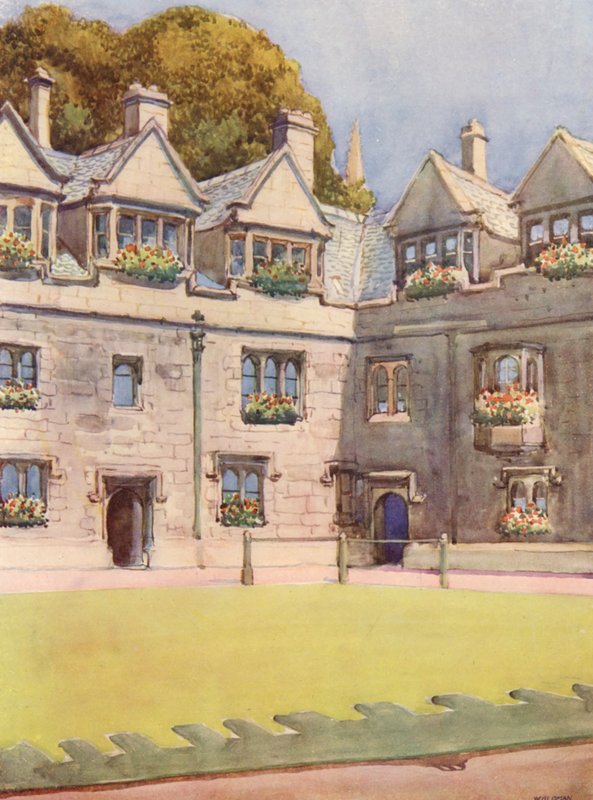 Framsidan av Brasenose College, i bakgrunden syns den berömda hästkastanjen som kallas Hebers träd (färglitografi) av William Ainsworth Wildman