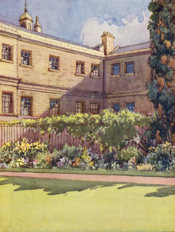 Trinity College från trädgården (färglitografi) av William Ainsworth Wildman