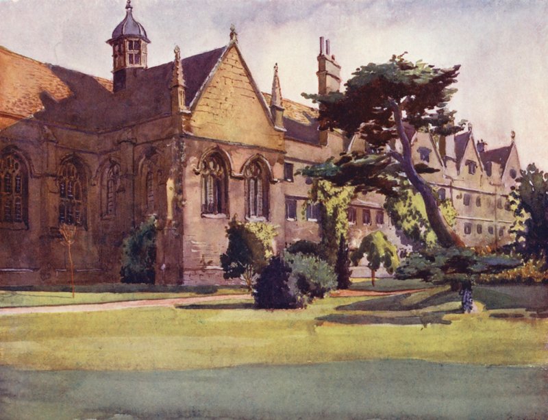 Wadham Colleges trädgård (färglitografi) av William Ainsworth Wildman