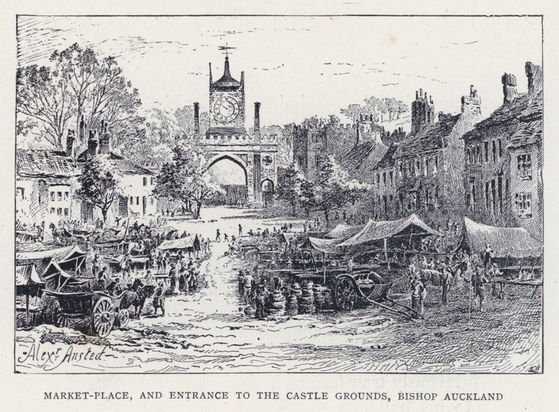 Marknadsplats och ingång till slottsområdet, biskop Auckland (gravyr) av William Alexander Ansted
