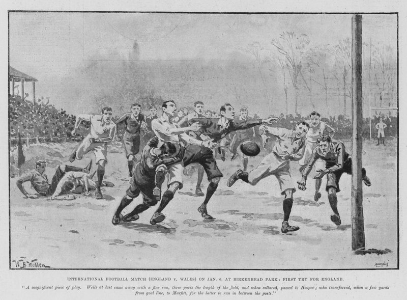 Internationell fotbollsmatch (England v Wales) den 6 januari, på Birkenhead Park, första försöket för England (litho) av William Barnes (after) Wollen