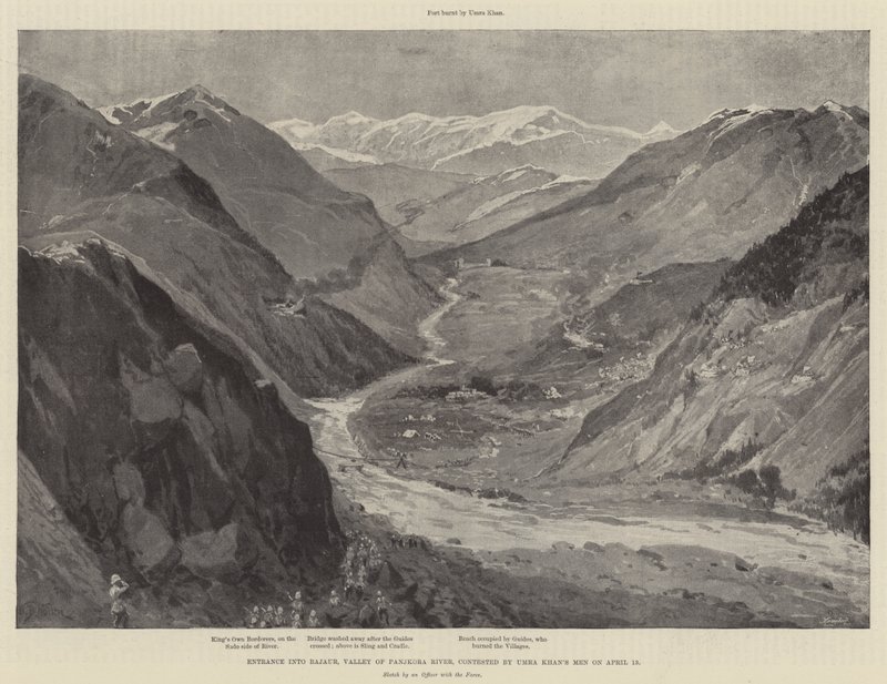 Inträde till Bajaur, Valley of Panjkora River, tävlas av Umra Khan