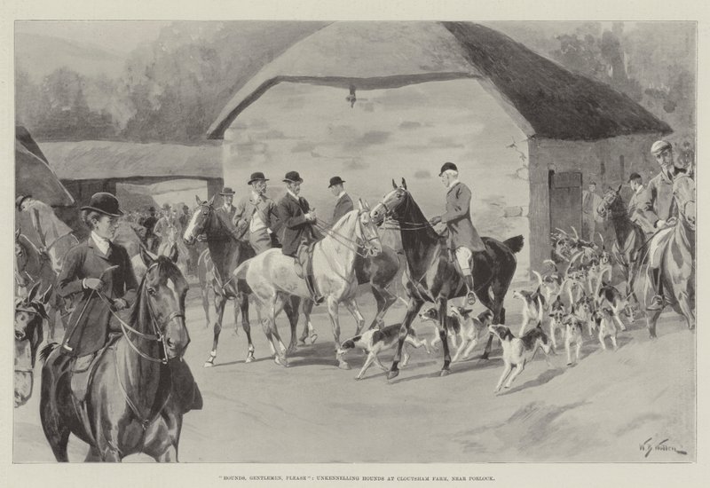 Hundar, mina herrar, snälla, unkennelling Hundar på Cloutsham Farm, nära Porlock av William Barnes Wollen