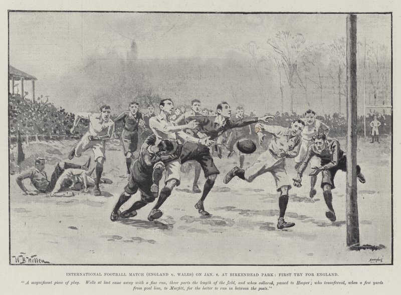 Internationell fotbollsmatch (England v Wales) den 6 januari, på Birkenhead Park, första försöket för England av William Barnes Wollen