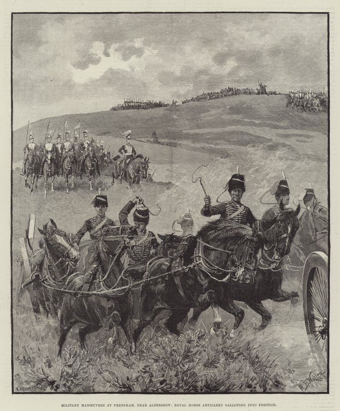 Militära manövrar vid Frensham, nära Aldershot, Royal Horse Artillery galopperar in i position av William Barnes Wollen