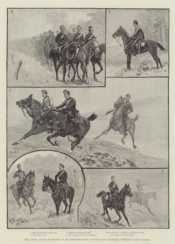 Höstkavalleriets manövrar på Berkshire Downs, Scouting Party of the 20th Hussars i dimmigt väder av William Barnes Wollen