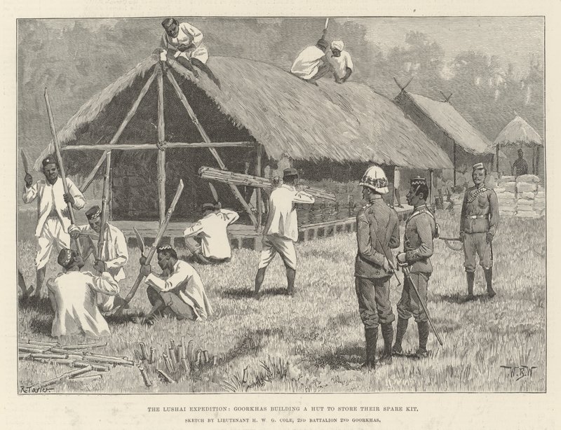 Lushai-expeditionen, Goorkhas bygger en hydda för att förvara sin reservutrustning. av William Barnes Wollen