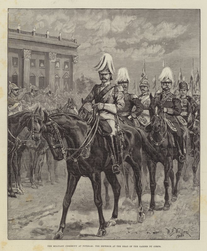 Den militära ceremonin i Potsdam, kejsaren i spetsen för Gardes du Corps av William Barnes Wollen