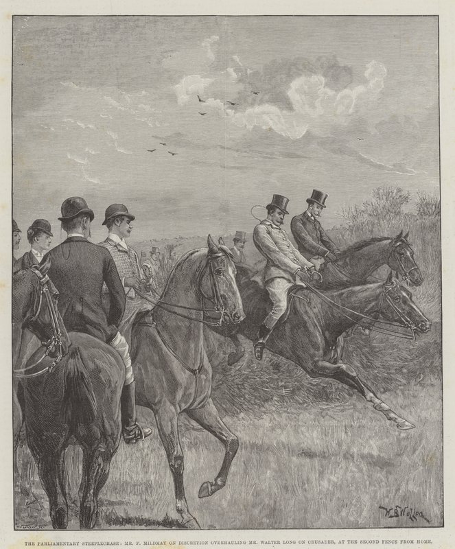 Parlamentets steeplechase, F Mildmay på Discretion överträffar Walter Long på Crusader, på andra sträckan hemifrån. av William Barnes Wollen