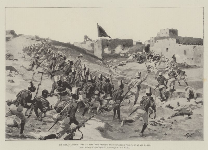 Soudans framryckning, den 11:e soudanesiska gruppen som laddar dervischerna i striden vid Abu Hamed av William Barnes Wollen