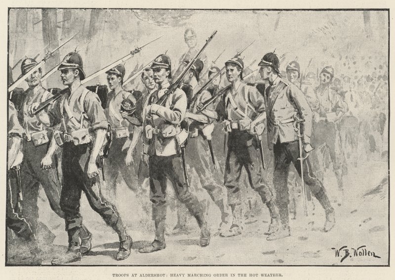 Trupper vid Aldershot, Heavy Marching Order i det varma vädret av William Barnes Wollen