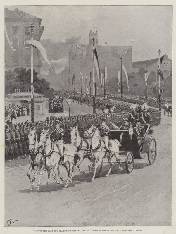 Besök av tsaren och tsarinen i Wien, de två kejsarna som rider genom Prater Strasse av William Barnes Wollen