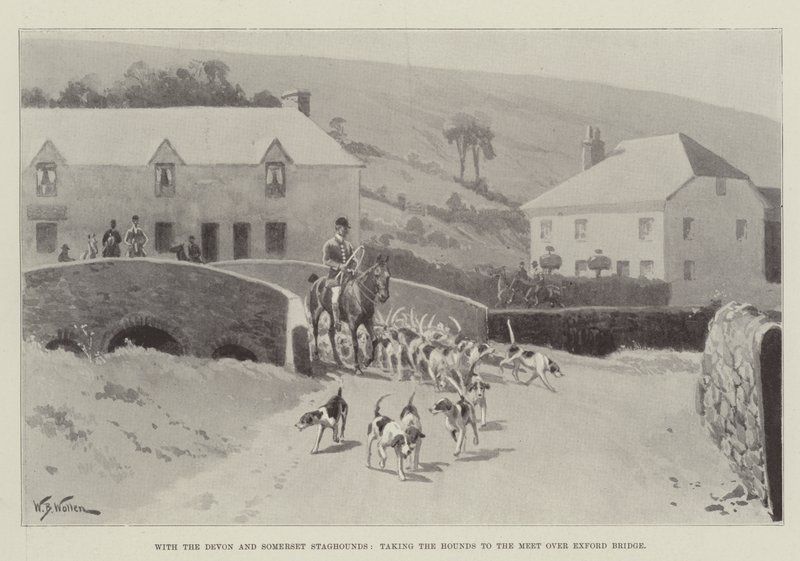 Med Devon och Somerset Staghounds, ta Hounds till mötet över Exford Bridge av William Barnes Wollen