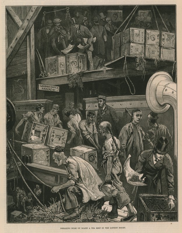 Att bryta bulk ombord på ett tefartyg i Londons hamnar (gravyr) av William Bazett Murray