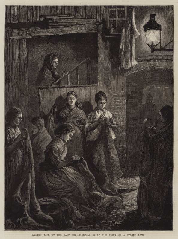 London Life at the East End, säcktillverkning av ljuset från en gatlykta (gravyr) av William Bazett Murray