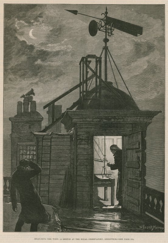 Mätning av vinden; En skiss vid Royal Observatory, Greenwich (gravyr) av William Bazett Murray