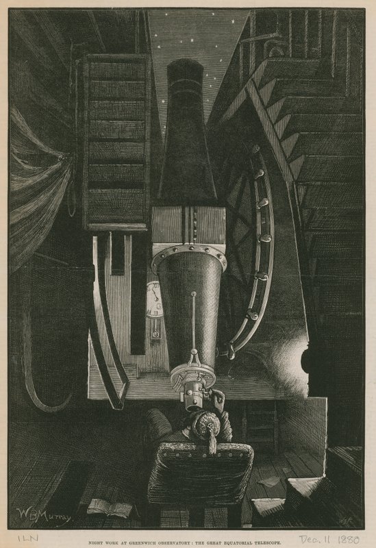 Nattarbete på Greenwich Observatory; Det stora ekvatorialteleskopet (gravyr) av William Bazett Murray